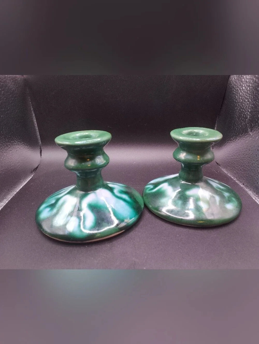 Pair Of Green/ White Glaze Ceramic Candle Holders